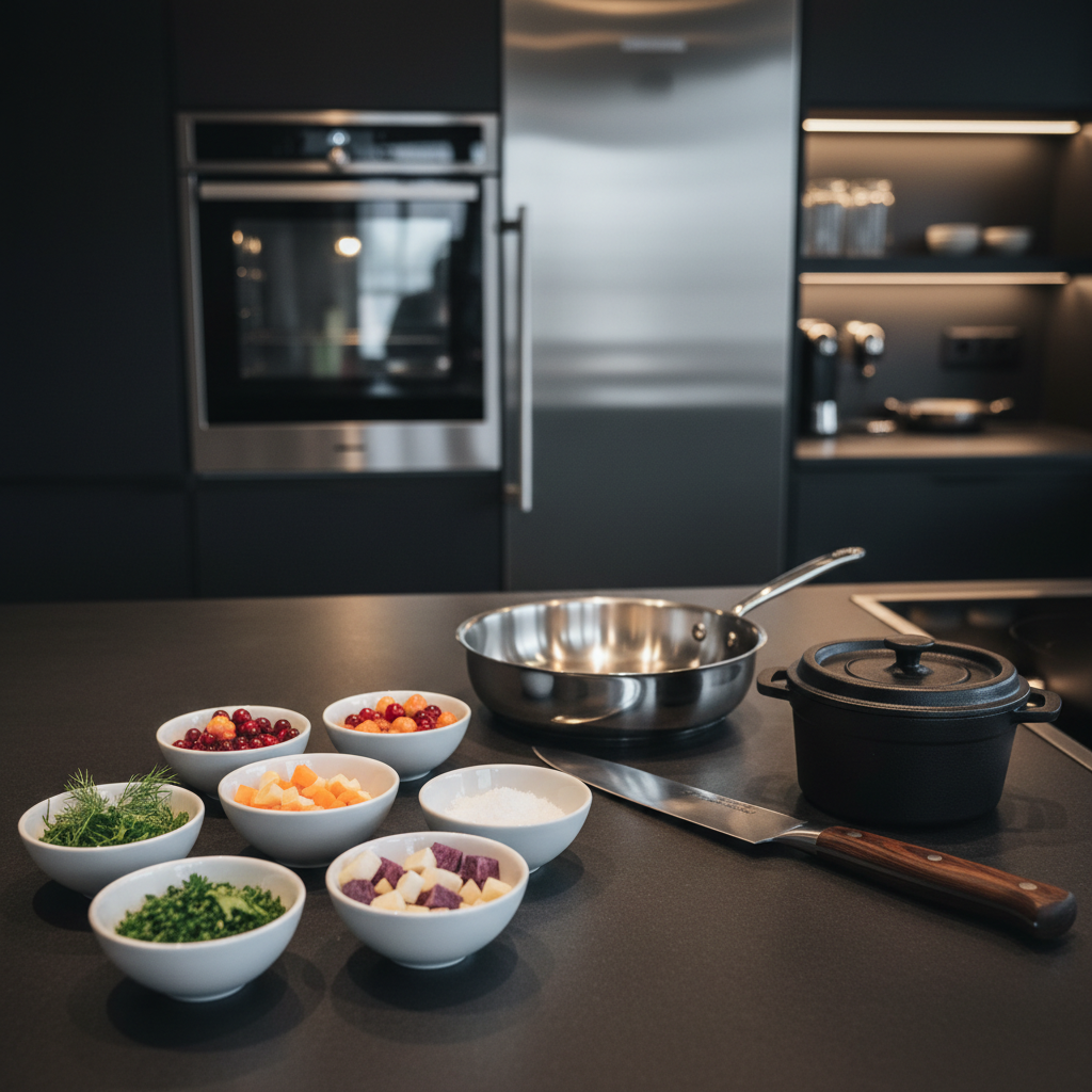 An impeccably styled ‘chef’s mise en place’ scene on a deep charcoal countertop in a luxury Arctic villa kitchen. Small, uniform bowls in matte white porcelain hold finely chopped herbs, vibrant root vegetable brunoise, sea salt flakes, and Nordic berries. A razor-sharp chef’s knife with a dark wooden handle rests beside a polished stainless-steel pan and a compact black cast-iron pot. The background shows high-end appliances in brushed steel and dark cabinetry, softly out of focus. Overhead track lighting and under-cabinet LEDs provide crisp, controlled illumination, casting clean shadows that emphasize precision. The mood is focused and anticipatory, evoking the start of an exclusive private chef experience, rendered in hyper-realistic, clean and modern photographic style.