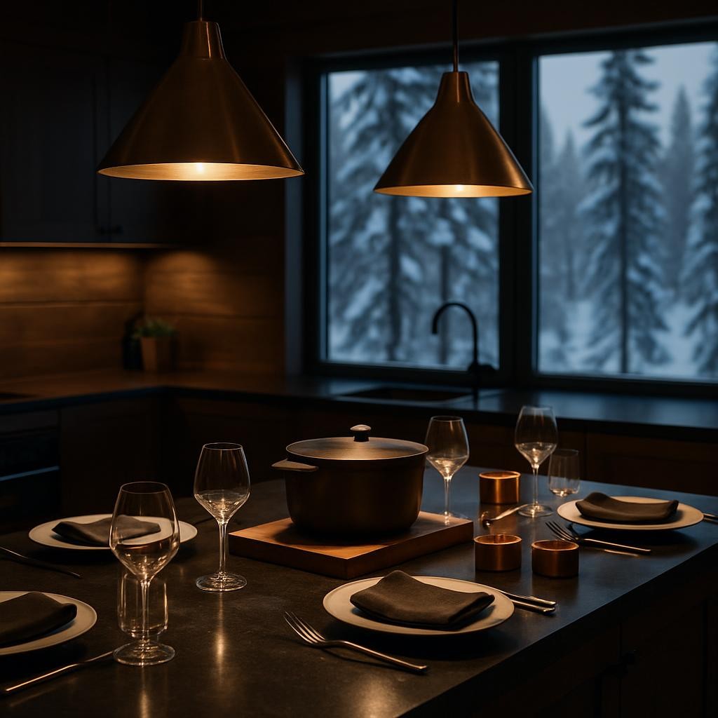 A gleaming villa kitchen in Ruka transformed into an exclusive one-night restaurant, captured without any people. Polished dark stone countertops host perfectly staged plates under two sculptural brass pendant lights. On the central island, a cast-iron pot sits atop a wooden board, surrounded by small copper saucepans, folded linen napkins in deep charcoal, and crystal-clear stemware catching warm highlights. Through large windows, snow-laden pine trees fade into a soft blur. The lighting is intimate, with warm pools of light on the working surfaces and subtle shadows adding depth. Photographic realism from a slightly wide, eye-level angle, emphasizing the transformation of a private kitchen into a refined dining stage with a calm, expectant atmosphere.